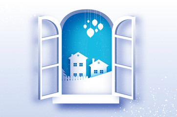 White Winter Origami Landscape and Village with blue sky. City Urban Countryside with forest in paper cut style. Holidays. Merry Christmas and Happy New Year. Blue. Origami window frame.