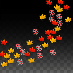 Vector Percentage Sign and Autumn Leaves Confetti on Transparent Background. Percent Sale Background. Business, Economics, Finance Print. Discount Illustration. Promotion poster. Black Friday Banner. 