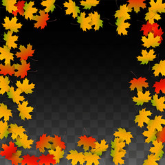 September Vector Background with Golden Falling Leaves. Autumn Illustration with Maple Red, Orange, Yellow Foliage. Isolated Leaf on Transparent Background. Bright Swirl. Suitable for Posters.