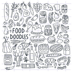 Various hand drawn food. Doodle vector set. All elements are isolated. Checked background