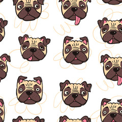 Cute pug faces with various emotions. Hand drawn colored vector seamless pattern