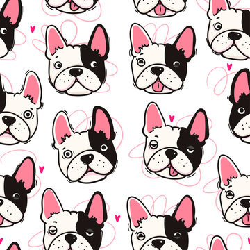 Cute french bulldog. Dog faces with various emotions. Hand drawn colored vector seamless pattern