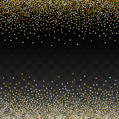 Gold Glitter Vector Texture on a Black. Golden Glow Pattern. Golden Christmas and New Year Snow. Golden Explosion of Confetti. Star Dust. Abstract Flicker Background with a Party Lights Design. 
