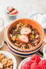 Healthy paleo gluten free nut and fruit granola served with fruits and berries, nut milk, coconut yogurt, selective focus