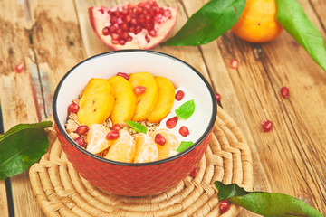 Tropical fruit Breakfast homemade granola yogurt. Healthy