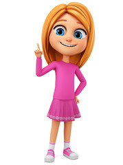 Character cartoon girl in pink dress pointing her finger on an empty space on a white background. 3d rendering. Illustration for advertising.