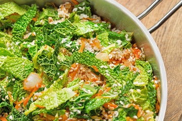 Cooking Savoy Cabbage with Rice and Vegetables