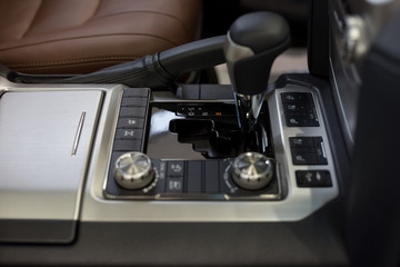 Fototapeta premium Interior of new car with automatic transmission. Modern and prestigious vehicles.