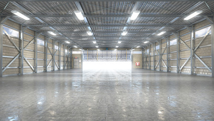 Hangar interior with opened gate. 3d illustration