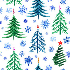 Seamless pattern of Christmas trees and snowflakes, watercolor drawing on a white background. New Year, Christmas print for fabric, wrapping paper and other designs.