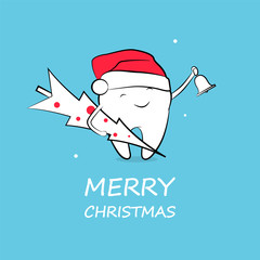 Cute funny cartoon tooth in santa hat with bell and christmas tree. Vector concept of New Year and Christmas greeting for dentistry. Winter holidays.