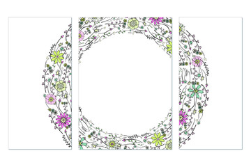 Set of Vector templates for cards with hand-drawn colorful pink, green soft flowers and brunches on white. Floral frames with space