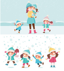 Vector people. Mother plays with her children outdoors. Winter time, snowy weather. People in warm clothes. Flat vector illustration, cartoon style.