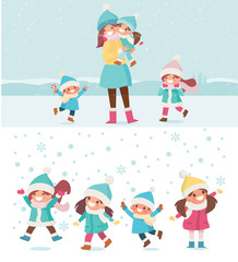 Fototapeta premium Vector people. Mother plays with her children outdoors. Winter time, snowy weather. People in warm clothes. Flat vector illustration, cartoon style.