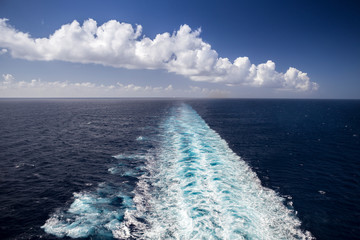 Tracks in the sea behind the cruise ship