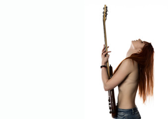 side view of sexy topless rock woman holding electric guitar on a white background. copyspace for your text