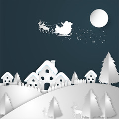 Paper cut style winter landscape background with flying santa sleigh for Merry Christmas celebration concept.