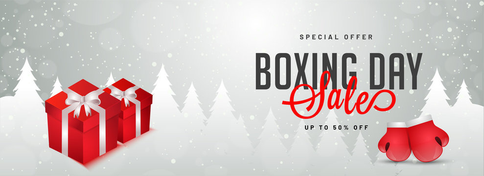 Website header or banner design with illustration of gift boxes, boxing gloves and 50% discount offer for Boxing Day sale.