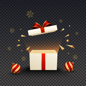 3d Gift Box Illustration With Glossy Baubles And Snowflakes On Black Png Background.