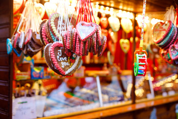Gingerbread Hearts at German Christmas Market. Nuremberg, Munich, Berlin, Hamburg xmas market in...