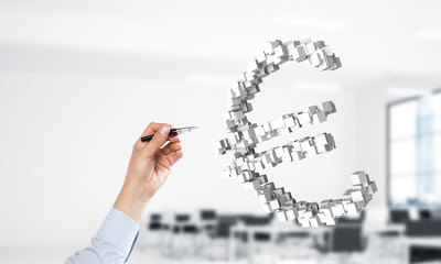 Concept of euro currency presented by symbol fly in air. Mixed m