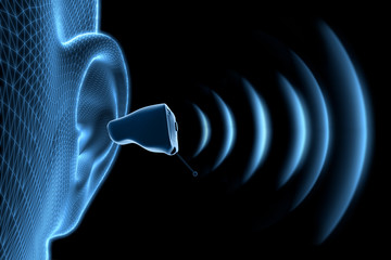 Hörgerät am Ohr mit Schall - Symboldarstellung