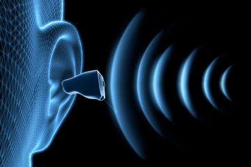 Hörgerät am Ohr mit Schall - Symboldarstellung