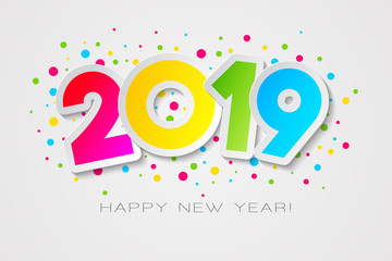Happy 2019 New Year card in paper style for your seasonal holidays flyers, greetings and invitations cards and christmas themed congratulations and banners, Vector illustration