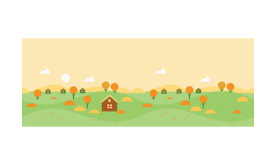 Autumn rural landscape with village houses and yellow trees vector Illustration