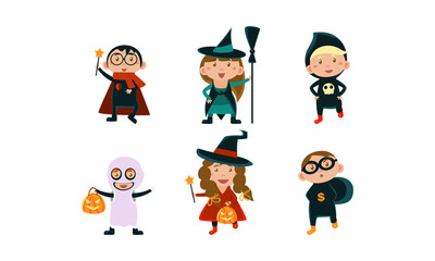 Kids in Halloween costumes set, funny children wearing carnival clothes vector Illustration on a white background