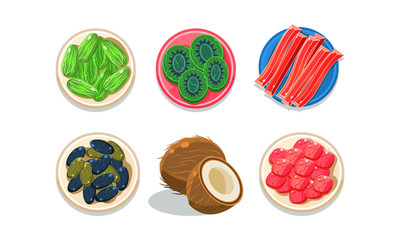 Fresh and dried fruits and berries on plates, top view vector Illustration on a white background