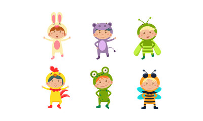 Obraz na płótnie Canvas Kids in carnival costumes set, cute little boys and girls wearing insects and animals clothes vector Illustration on a white background