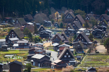 High angle view of the UNESCO World Heritage site in Shirakawa go with traditional Japanese Wada houses and their characteristic thick thatched roofs 