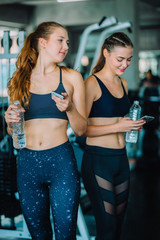 Fit beautiful young woman athletes in fitness clothes relaxing after workout in gym. Couple women standing holding water in bottle and using fitness app smartphone. Healthy, Sport, Lifestyle concept.