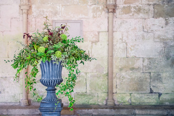 Fototapeta na wymiar Stone vase planter with fustian green flowers and cascading green ivy and leaves. Grey cobble stones. Gorgeous design in front of medevial wall with coloumns. Selective fovus, copy space.
