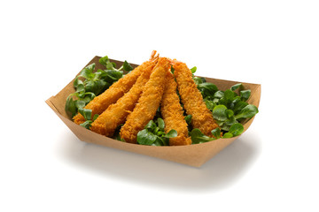 Crumbed prawns and salad in recycled takeaway box
