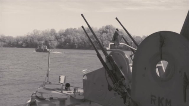 Fleet of the Navy in the War Zone / Battle ship sails into armed combat.