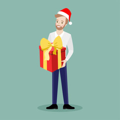 Happy businessman in a New Year's cap with a gift in his hands on a green background. Flat illustration.