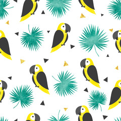 Fototapeta na wymiar Seamless trendy tropical pattern with yellow watercolor parrots and palm leaves.