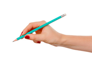 Female hand holding pencil isolated on white background