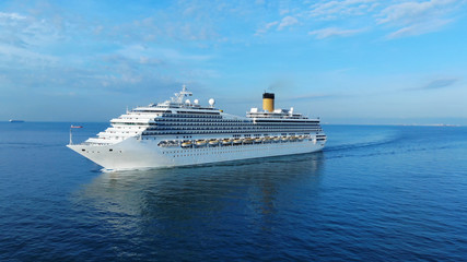Aerial view of beautiful white cruise ship above luxury cruise concept tourism travel on summer...
