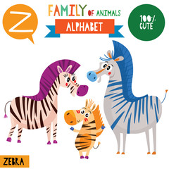 Letter Z-Mega big set.Cute vector alphabet with family of animals in cartoon style.