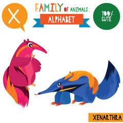 Letter X-Mega big set.Cute vector alphabet with family of animals in cartoon style.