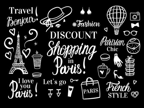 Vector banner with fashion illustration. Discount shopping in Paris. Travel tour of Parisian chic and french style.