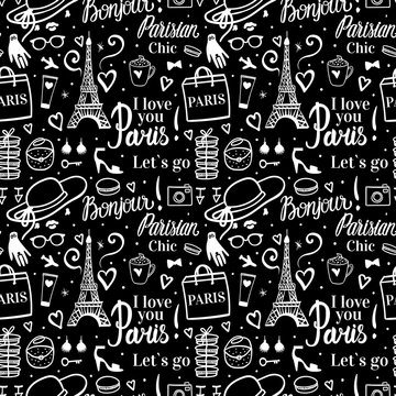 Paris shopping white and black seamless pattern. Eiffel tower woman tourism tour with a shop concept. Elegant hand drawn style.