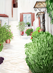 Sketch of village in Athens. Anafiotika under the Acropolis,Athens Greece.