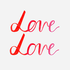 Watercolor Lettering Love, Happy Valentines Day . Aquarelle Holiday Design. Calligraphy for Valentine's Day. Romantic greeting card. Happy Valentine pink text for typography. Hand drawn Illustration.