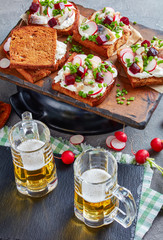 danish open faced sandwiches and beer