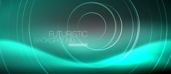 Neon circles abstract background, shiny lines