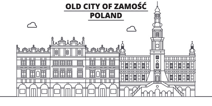 Poland - Zamosc travel famous landmark skyline, panorama vector. Poland - Zamosc linear illustration